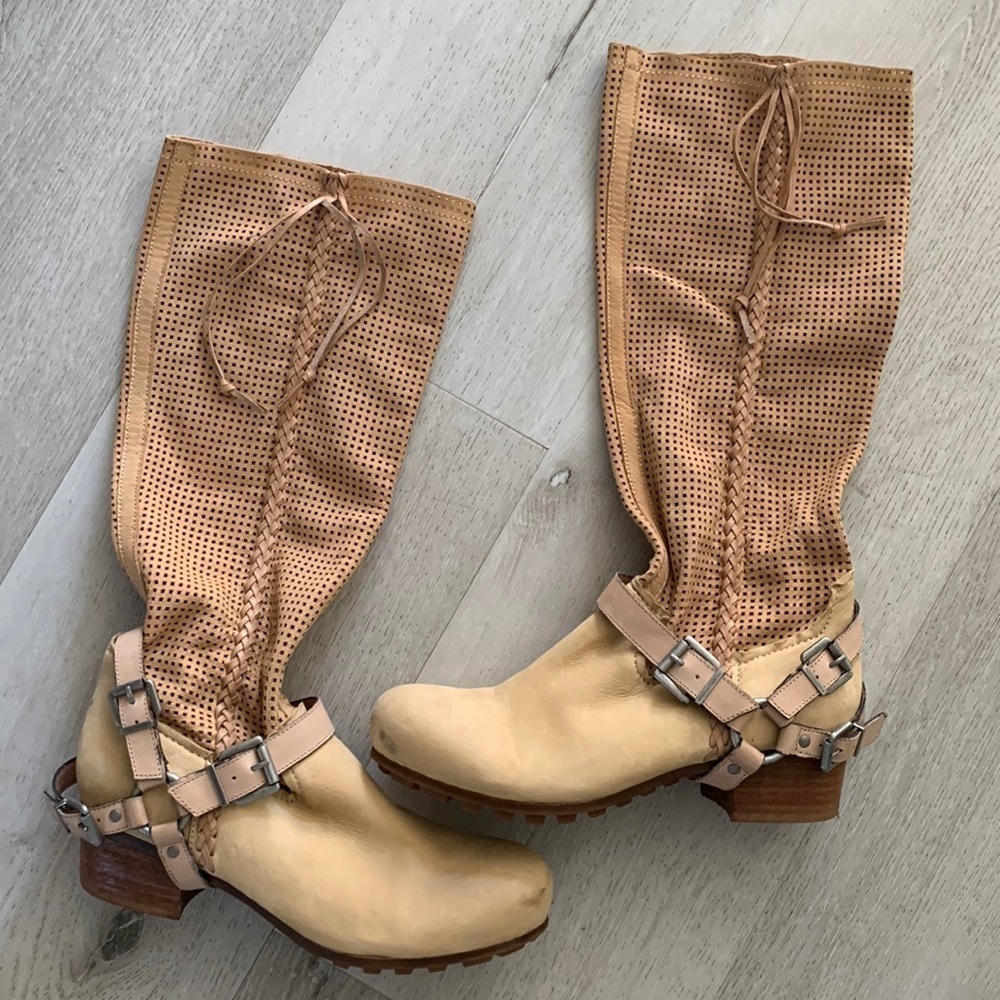 Anthropology BACIO 61 PALPARE Tan Leather KNEE BOOTS braided LEATHER HARNESS 8